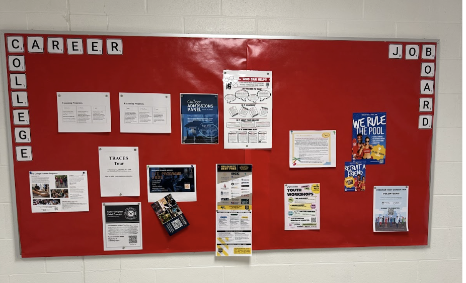 The counseling department posts numerous job and college career opportunities on the board outside of the counseling department.